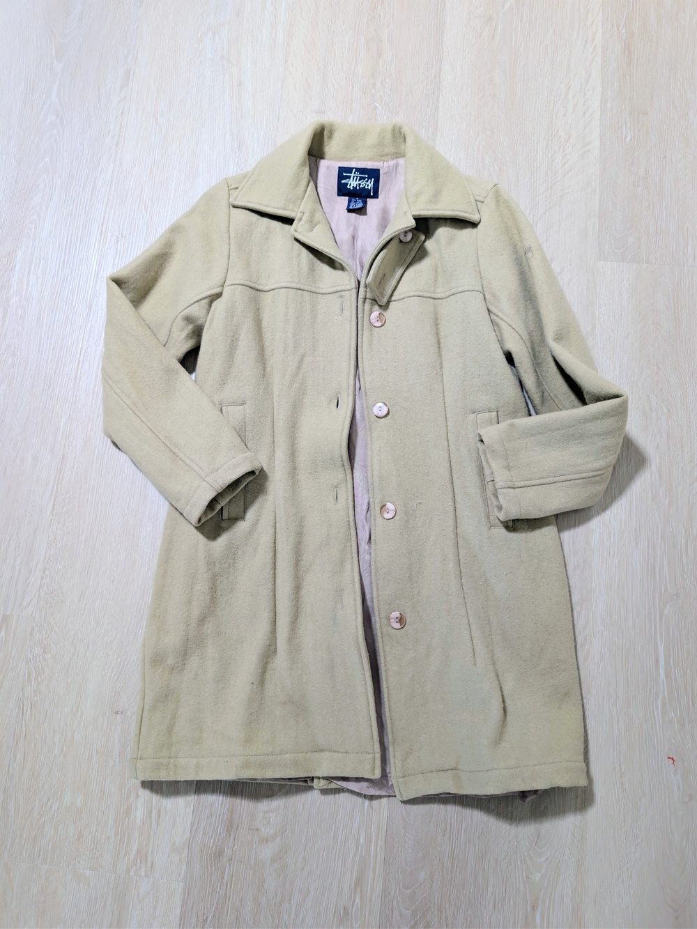 Stussy Vintage Wool Blend Collared Button Up Trench Coat Tan Beige Small S